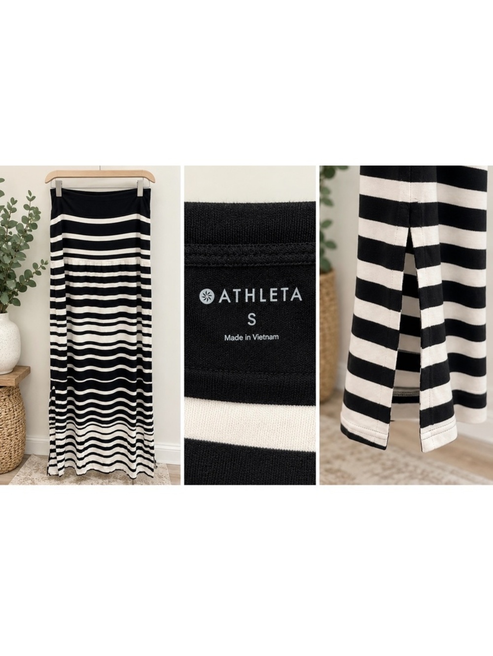 Athleta Black White Striped Maxi Skirt XS Foldover Waist Side Slits